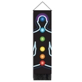 Detailansicht des Sieben-Chakra-Wandteppichs mit schwarzem Stoff, Quasten und Holzstab - Minimalistische Linie Menschliche Silhouette Stil (Stil-5) / 32.5*130cm