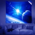 Stunning galaxy space planet tapestry wall hanging shown in a cozy blue bedroom setting - Brushed Fabric / 95x73cm / Meteorite Nebula Style (款式9)
