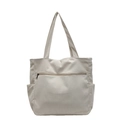 Large beige corduroy tote bag for women featuring front zipper pocket and dual side pockets - White