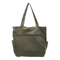 Dark green corduroy tote bag with large capacity and front zipper pocket on white background - Green