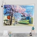 Dettaglio dell'arazzo anime giapponese con treno e fiori di ciliegio su una parete - 95x73cm / Tram Panoramico Anime Giapponese (Stile 2)