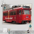 Detail of red vintage tram wall tapestry with high-quality printing on polyester fabric - Finnish Red Vintage Tram (Style 6)