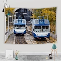 Detail of vintage tram illustration on polyester tapestry for bedroom wall decor - Late Autumn Mountain Cable Car (Style 8)