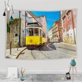 Detail of wall tapestry featuring a vintage yellow tram and European street architecture - European Yellow Retro Tram (Style 9)