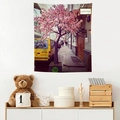 Detail of fabric wall tapestry with urban street scene and cherry blossom decoration - Cherry Blossoms & Yellow Truck (Style 10)