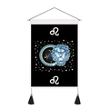 Close-up of Leo zodiac wall tapestry featuring blue lion head and wooden hanging rod - 35x50cm / Leo