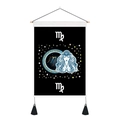 Detail view of Virgo zodiac tapestry with wooden scroll and black decorative tassels - 35x50cm / Virgo