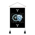 Detailed view of black Aries zodiac tapestry with wooden rod, starry pattern and tassels - 35x50cm / Aries