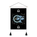 Detail of Libra zodiac wall hanging featuring wooden rod, gold constellation and black tassels - 35x50cm / Libra