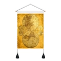 Macro shot of vintage nautical world map tapestry featuring black tassels and wooden rod - 35x50cm / Vintage Double Hemisphere World Map (Style 1)
