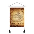 Detail of vintage world map tapestry with wooden hanger, tassels, and nautical graphics - 35x50cm / Retro Maritime America Map (Style 2)