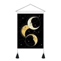 Detailed fabric texture of a moon phase wall hanging with wooden rod and black tassels - Anthropomorphic Moon Face (Style-5)