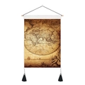 Detail of vintage world map tapestry featuring wooden rod and black hanging tassels - 35x50cm / Parchment Style Double Circle World Map (Style 3)