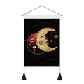 Detail view of Bohemian sun and moon tapestry with wooden rod and black tassels - Overlapping Sun and Crescent Moon (Style 7)