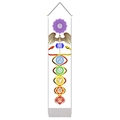 Vertical white scroll banner with seven colorful chakra symbols and golden caduceus wings - 32.5x130cm / White Wing Scepter Seven Chakra Style (Style 2)