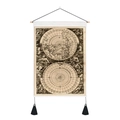 Close-up of vintage nautical map tapestry with wooden bars and black tassels - 35x50cm / Classical Map with Polar Projections (Style 8)