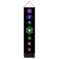 Detail view of Bohemian Seven Chakra tapestry with colorful symbols and black tassels - 32.5x130cm / Black Glowing Geometric Seven Chakra Style (Style 9)