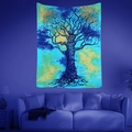 Detail view of fluorescent Tree of Life tapestry with UV reactive tie-dye in living room - Style 13 / Customized (Contact Customer Service)