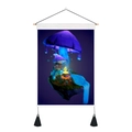 Macro detail of fantasy mushroom tapestry featuring wooden hanging rod and black tassels - Blue Mushroom Island Waterfall (Style-3) / 35x50cm