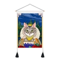 Detail of cat tapestry with wooden rod, black tassels and royal feline illustration - 35x50cm / Royal Cat (Style-3)