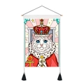 Detailed view of feline wall tapestry with crown motif, wooden pole and black tassels - 35x50cm / King Cat (Style-5)