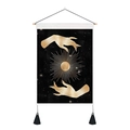 Detail of artistic wall tapestry featuring gold hand and moon eclipse on black canvas - 35x50cm / Black Background Golden Sun and Hands Silhouette (Style 3)
