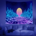 Tapiz de pared retro-futurista con rejilla solar de neón en un entorno acogedor - Estilo 7