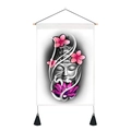 Detail of linen tapestry with Buddha head and cherry blossoms on a wooden scroll - Chinese Zen Buddha Head Cherry Blossom (Style 2) / 35x50cm