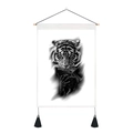 Detail of tiger art wall hanging with wooden rod and black decorative tassels on canvas - Majestic Tiger Art (Style 4) / 35x50cm