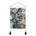 Close-up of Japanese tapestry with kingfisher and cherry blossom print and black tassels - Japanese Kingfisher & Cherry Blossom (Style 8) / 35x50cm