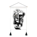 Detail of Japanese style cotton linen tapestry featuring lion and cross art with black tassels - Religious Portrait Collage (Style 9) / 35x50cm