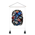 Detail of Japanese koi fish linen scroll with pink lotus and black decorative tassels - Blue Koi Japanese Style (Style 11) / 35x50cm