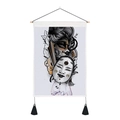 Detail of linen tapestry with traditional Japanese mask art and black tassel ornaments - Japanese Mask Mythology (Style 12) / 35x50cm
