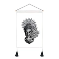 Detail of Zen Buddha and Lotus wall tapestry with black tassels and wood frame - B&W Zen Mandala (Style 14) / 35x50cm