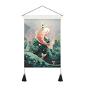 Detail of cotton linen tapestry featuring Japanese carp waves and hanging wooden rod - Koi and Child Creative Art (Style 16) / 35x50cm