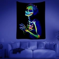 Neon skull mushroom tapestry with bohemian mandala design glowing on living room wall - Style 6