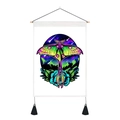 Detail of fabric wall scroll featuring a green moth, starry night sky and blue rose art - 35x50cm / Luna Moth Illustration (Style 11)