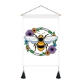 Detail of floral bee print tapestry with wooden rod and black hanging tassels decoration - 35x50cm / Bee Flower Wreath (Style 12)