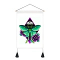 Detail of floral butterfly tapestry with wooden rod and black tassel hanging on white wall - 35x50cm / Moon Phase Green Moth (Style 13)