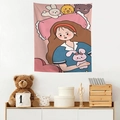 Detailed view of a healing cartoon girl tapestry hanging on a cozy bedroom wall decor - Girl Hugging Rabbit (Style 8)