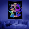 Detail of psychedelic skull tapestry with neon mushrooms and moth hanging above a sofa - Style 8
