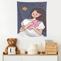 Detail of cartoon girl and bunny tapestry hanging on a white wall in a cozy room - Starry Sky Rabbit Girl (Style 9)