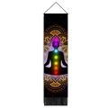 Close-up of colorful chakra symbols and golden mandala pattern on the black wall tapestry - 32.5x130cm / Golden Mandala (Style-2)
