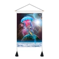 Detail of 3D jellyfish astronaut tapestry with wooden bar and black bottom tassels - 35x50cm / Astronaut Space Jellyfish
