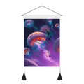 Detail of 3D jellyfish tapestry showing fabric texture, wooden pole, and black tassels - Diver Luminous Jellyfish (Style 7)