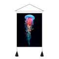 Detail of hanging tapestry showing 3D digital fluorescent jellyfish on black canvas texture - Fluorescent Marine Creatures (Style 8)