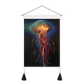 Close-up of 3D jellyfish tapestry showing fabric texture, wooden pole, and black tassels - Deep Blue Luminous Green Jellyfish (Style 9)
