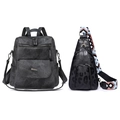 Vintage black PU leather backpack set with leopard print chest bag and ethnic strap - Black