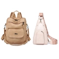 Brown faux leather backpack and off-white chest bag with patterned strap set - Khaki