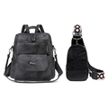 Retro PU leather backpack set with large capacity and geometric pattern wide strap - Black